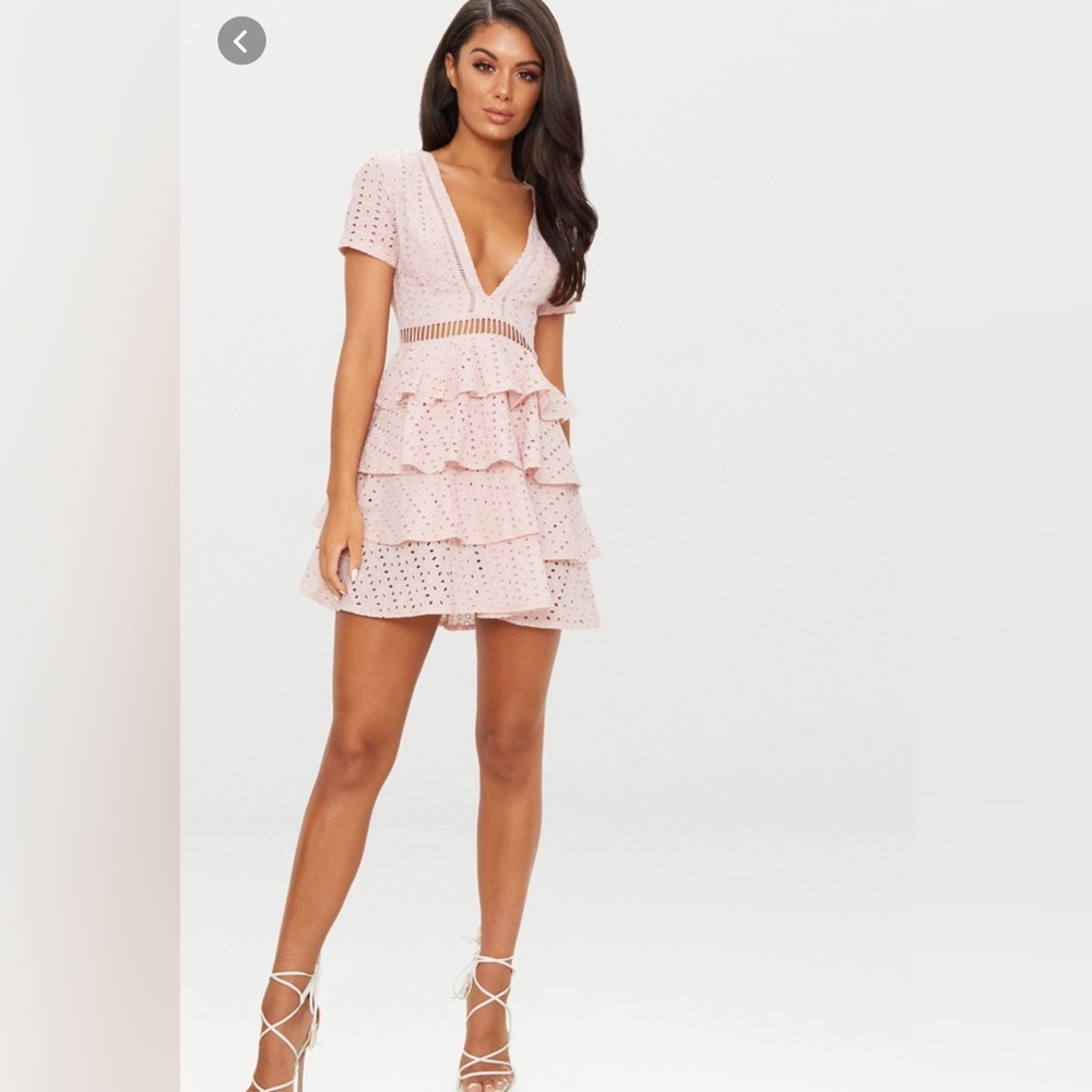 Prettylittlething Dusty Pink Lace Tier Frill Plunge Skater Dress
